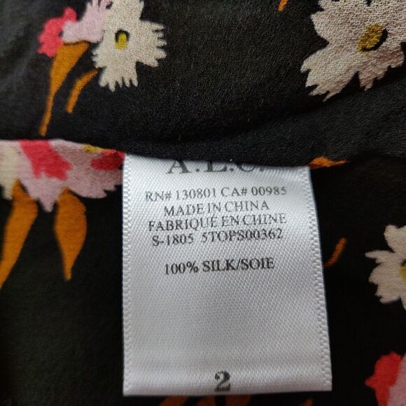 A.L.C. Carla Floral Print Wrap Top Size 2 Black Pink 100% Silk Crepe Blouse - Picture 13 of 15